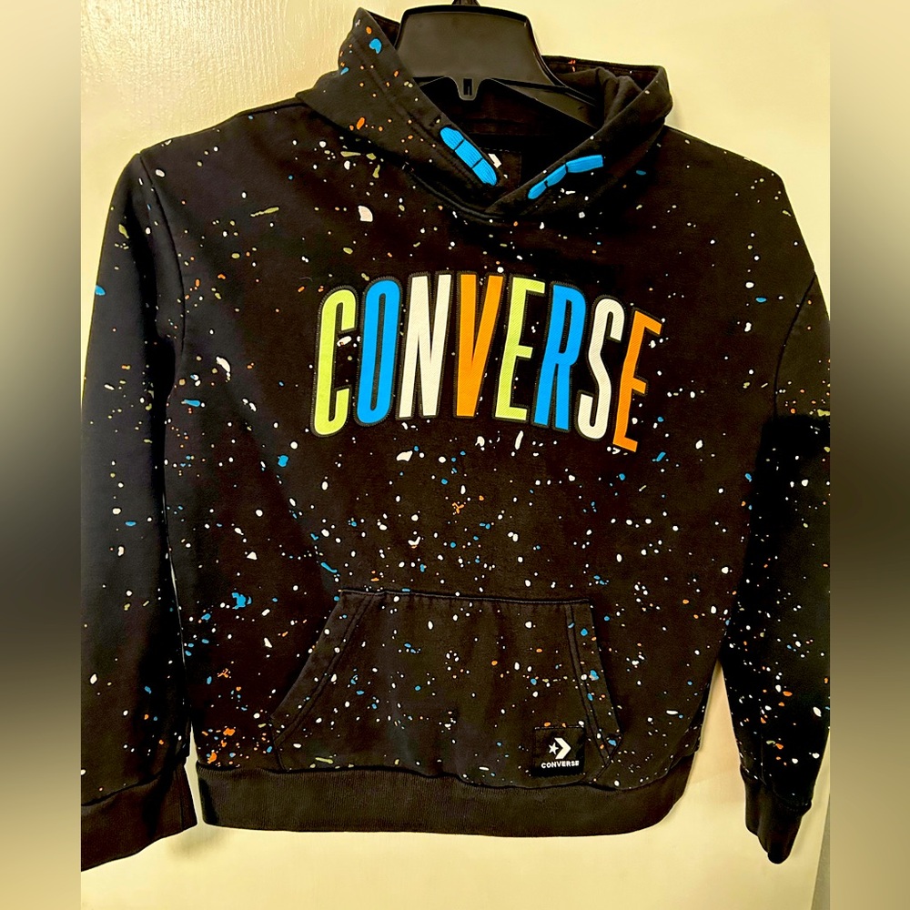 Converse Teen Girls Hooded Long Sleeve Pullover Sweatshirt XL Black W/Confetti